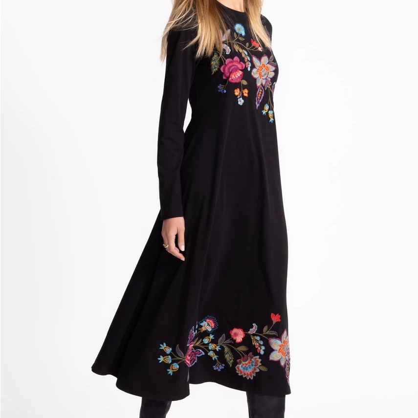 Johnny Was Crew Neck Swing Dress Noir Small